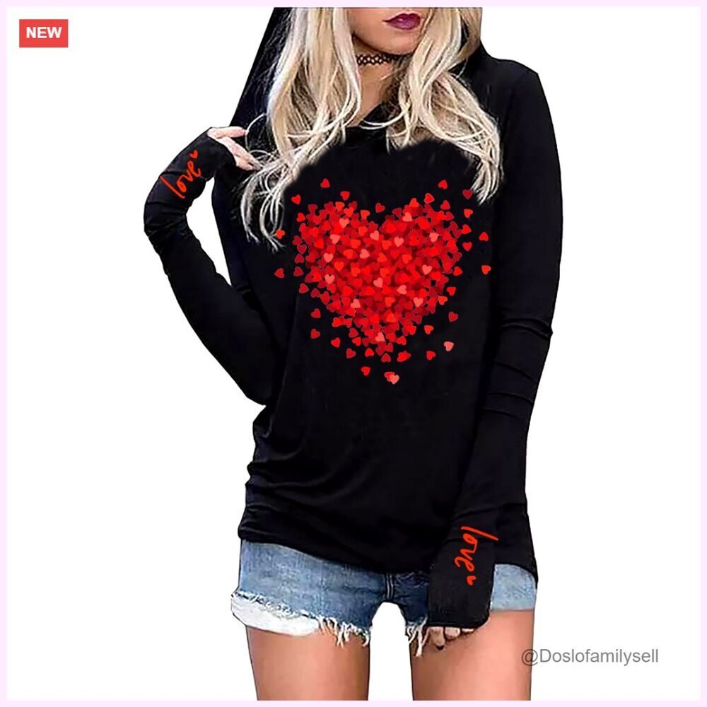 Long Sleeve Pullover Hoodie Valentine Heart Graphic Buffalo Plaid Casual Loose